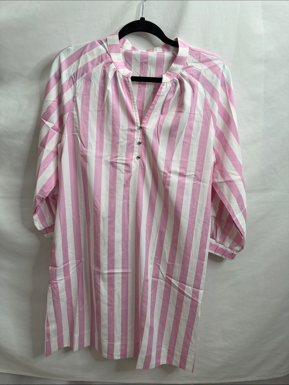 Relaxed Pink & White Striped Midi Dress with Button Front